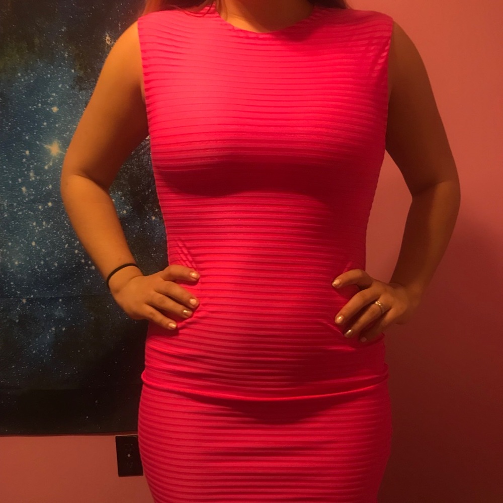 URBAN OUTFITTERS BODY CON NEON PINK STRIPED DRESS